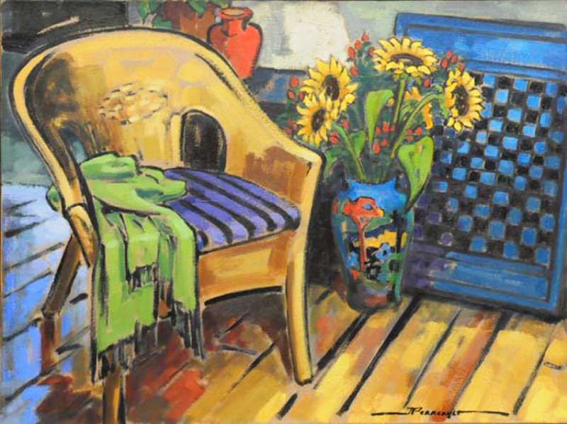 Jeannette Perreault Nature  morte  au damier  Huile